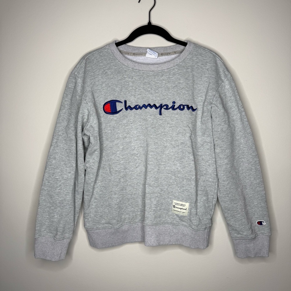 grey Champion crewneck sweatshirt with a classic script logo
